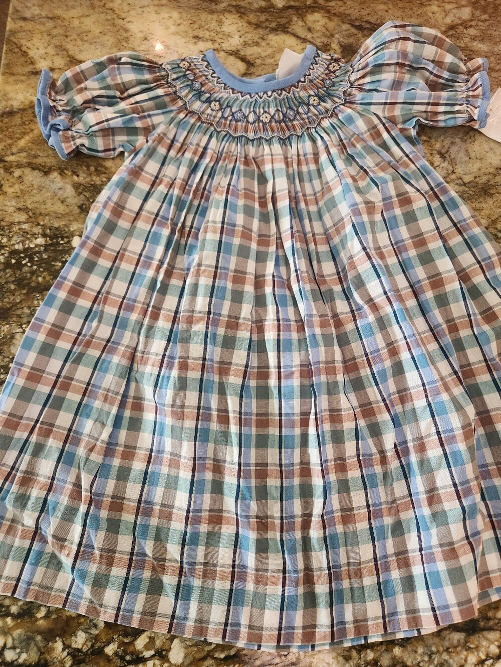 Smocked Plaid Girls' Dress in Blue and Brown